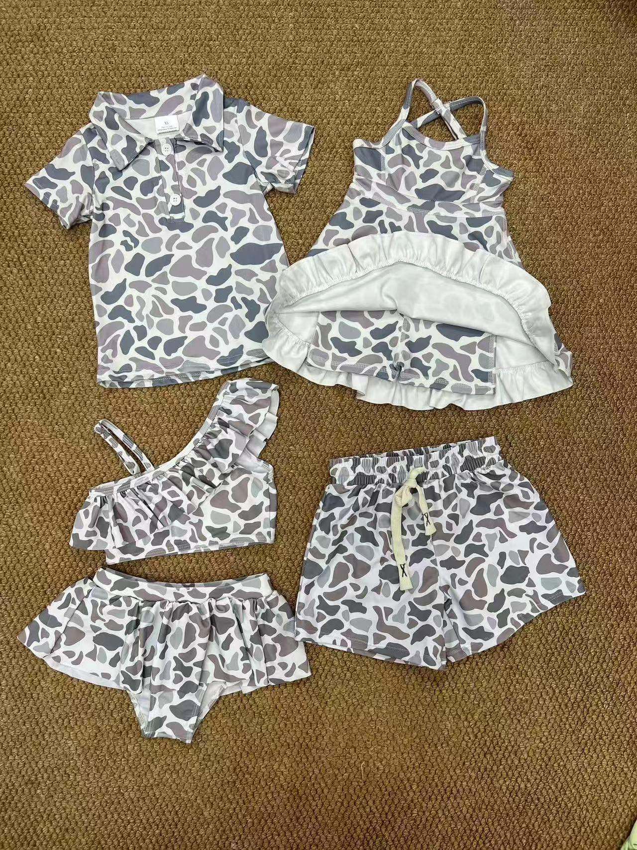 RTS NO MOQ Sibling baby girl boys clothes yoga camouflage dress and swimsuit and swim trunks and top