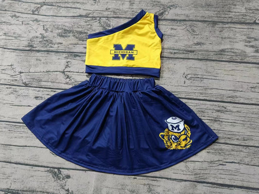 Custom moq 3 eta 6-7weeks Yellow Off-shoulder Top-Navy Blue Skirt Cheerleading Outfit