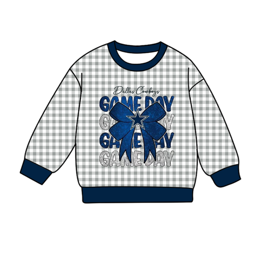 Custom moq 8 mix size milk silk summer team baby boys clothes GAME DAY plaid bow blue long sleeve top-25.9.23