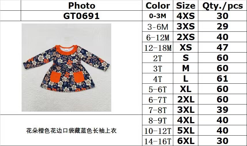 rts no moq GT0691 Flower orange lace pocket navy blue long-sleeved top