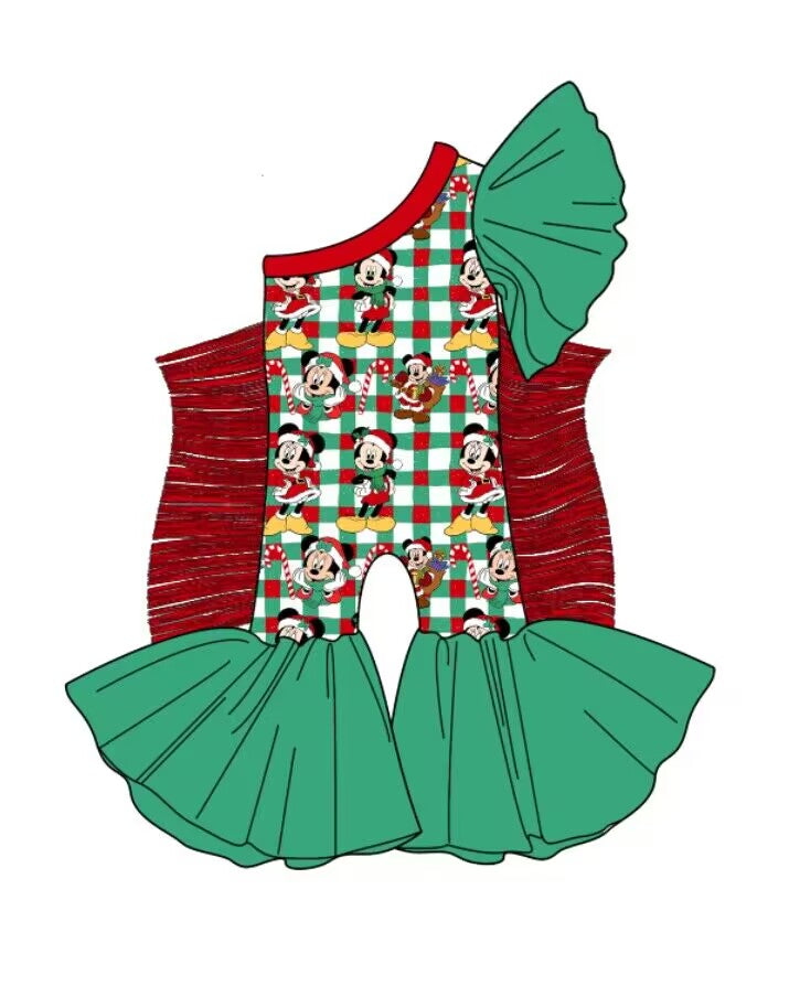 custom moq 5 eta 6-7weeks baby girls clothes Christmas red tassel teal One shoulder Summer jumpsuit