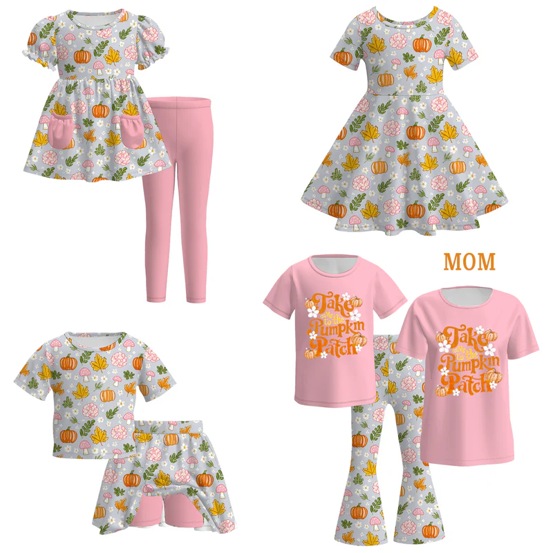 Custom moq 5 each style eta 6-7weeks baby girl short sleeve shorts set and pant sets 1 and sets 2 and dress and adult top