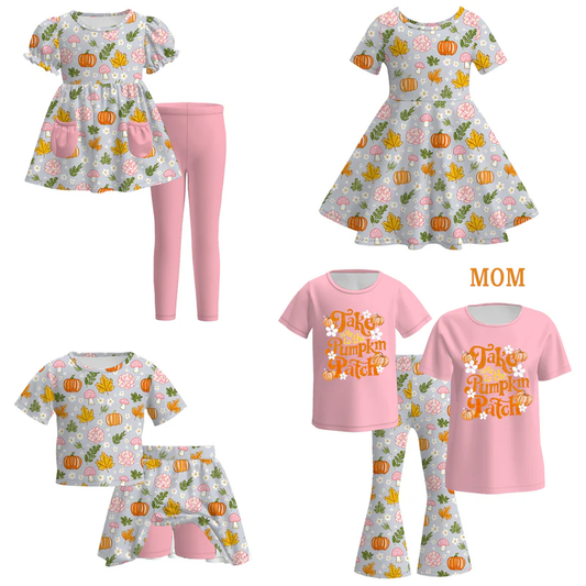 Custom moq 5 each style eta 6-7weeks baby girl short sleeve shorts set and pant sets 1 and sets 2 and dress and adult top
