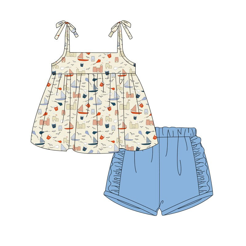 custom moq 5 eta 4-5 weeks baby girls clothes blue boat toddler girls suspender summer outfit