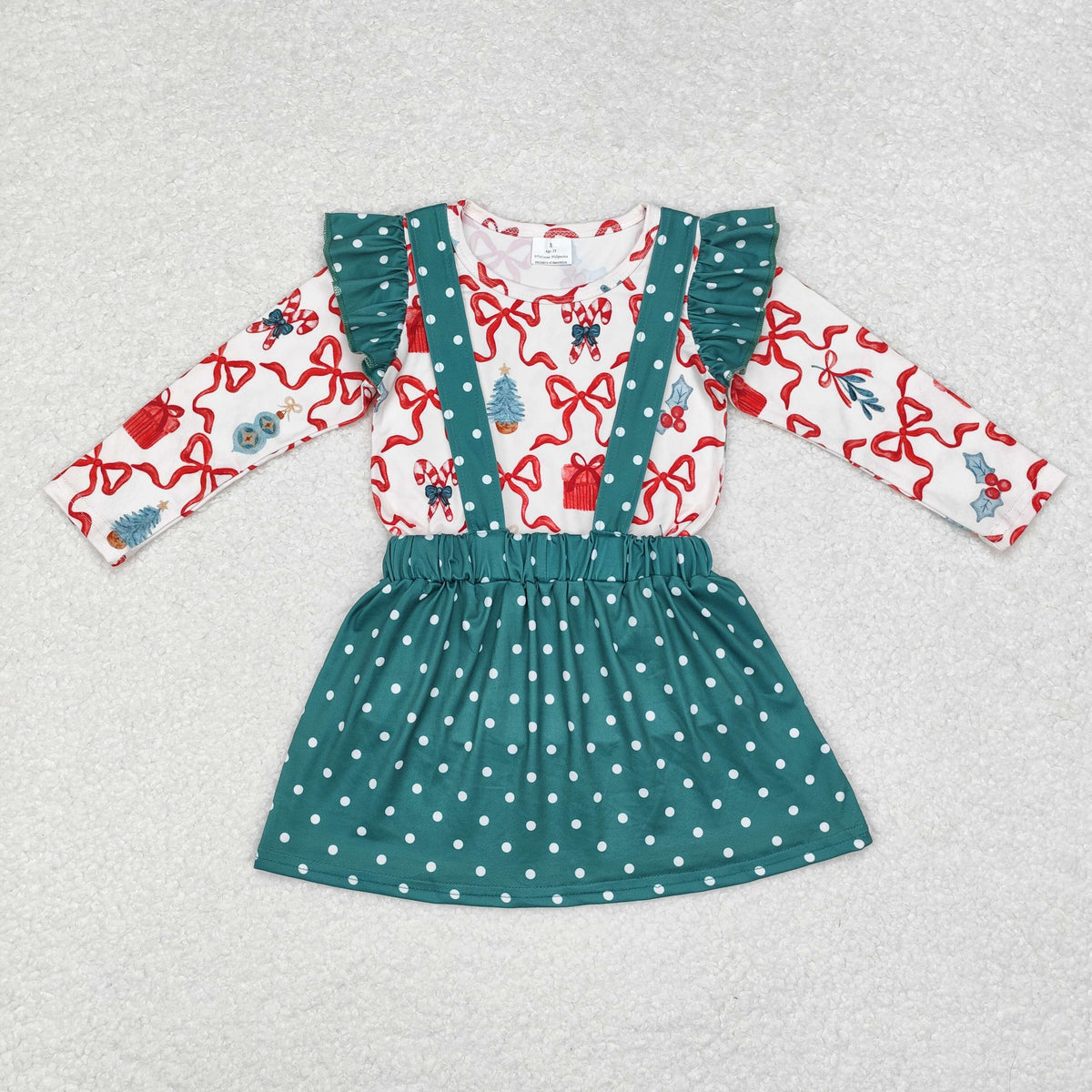rts no moq GLD0617 Christmas bow polka dot green long-sleeved suspender skirt set