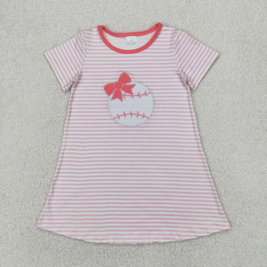 RTS NO MOQ GSD2221 Embroidered bow baseball pink striped short-sleeved dress