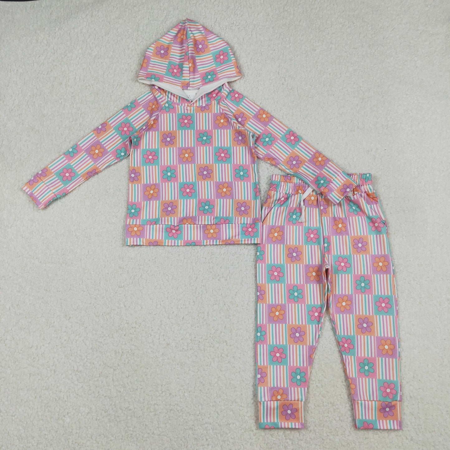 RTS NO MOQ（In Stock) GLP2853 Floral and colorful striped plaid hooded long-sleeved pants set