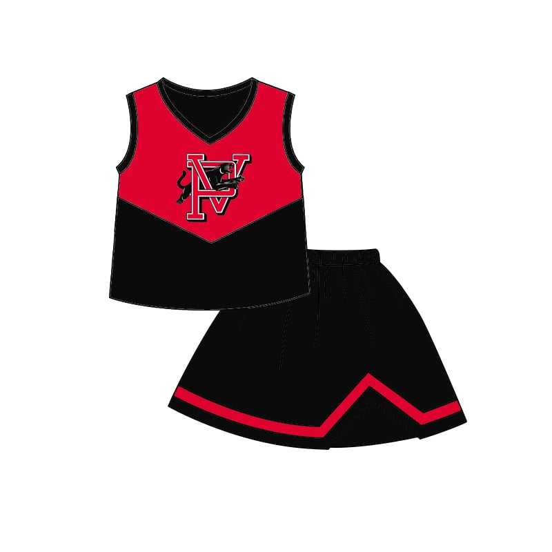 Custom moq 5 mix size milk silk eta 6-8weeks summer team blue baby girls clothes team sleeveless red and black cheer sets