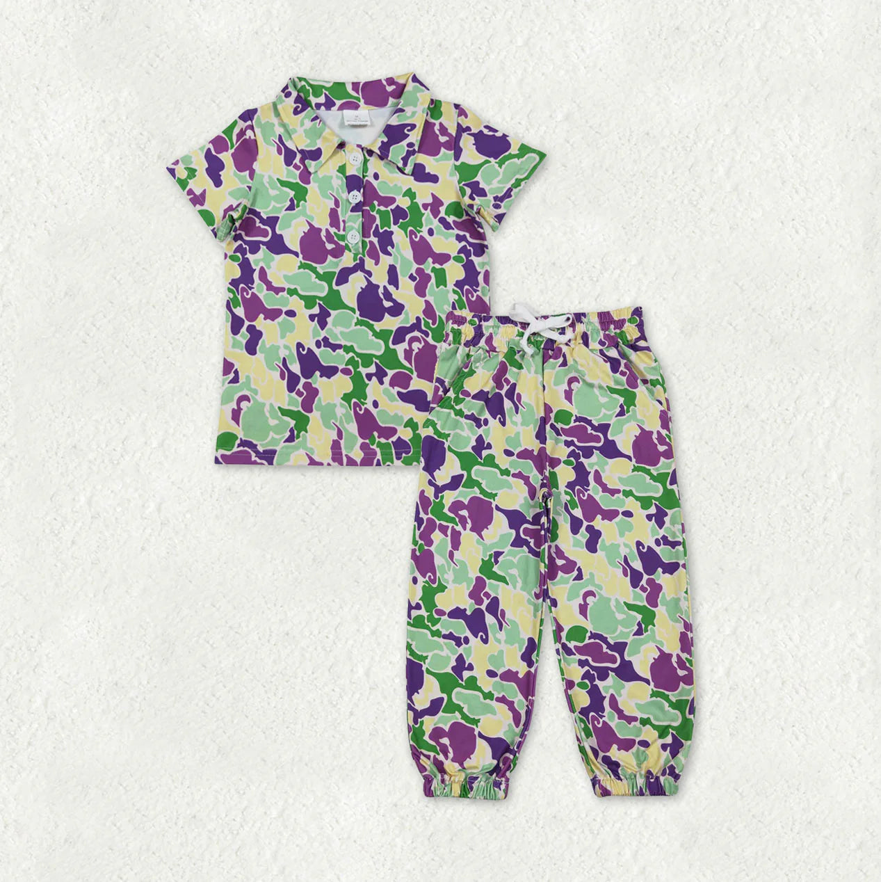 RTS NO MOQ（In Stock) Baby Boys Mardigras Camo Button Polo Shirts Pockets Jogger Pants Clothes Sets