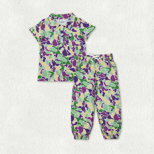 RTS NO MOQ（In Stock) Baby Boys Mardigras Camo Button Polo Shirts Pockets Jogger Pants Clothes Sets