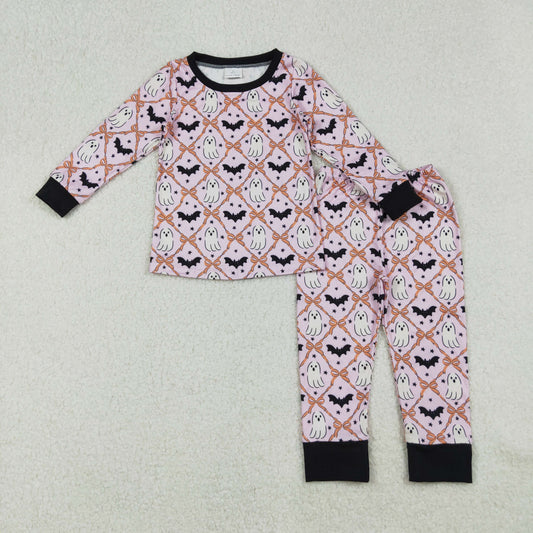 RTS NO MOQ（In Stock) GLP2639 Pink long-sleeved pantsuit with a Halloween ghost bat, star, and orange bow pattern