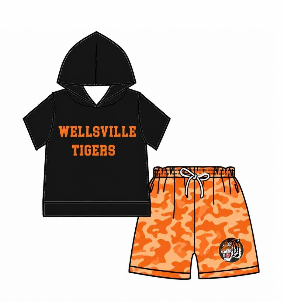 custom moq 5 mix size KABR0104 Baby Kids Short Sleeve Hooded Top Camo Shorts Team Clothes Set