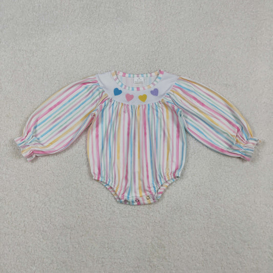RTS NO MOQ（In Stock) LR2695 Embroidered Valentine's Day Heart Colorful Striped Long-Sleeved Jumpsuit