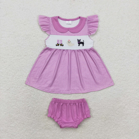 RTS NO MOQ（In Stock) GBO0415 Embroidered Halloween ghost cat doll collar purple plaid flying sleeve briefs set