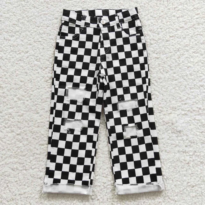 RTS NO MOQ Children's Plaid Ripped Jeans & Plaid Flared Pants