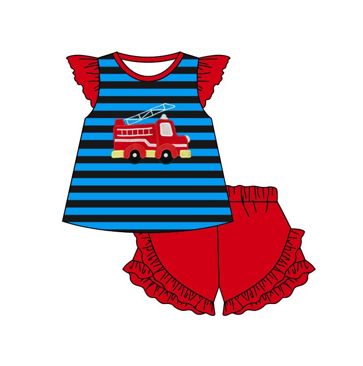 GSSO0501 Fire truck striped blue flying sleeves red lace shorts suit