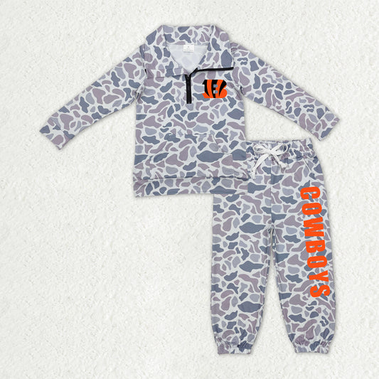 Custom moq 5 mix size milk silk summer teams baby boys clothes camouflage long sleeve pants sets-25.10.27