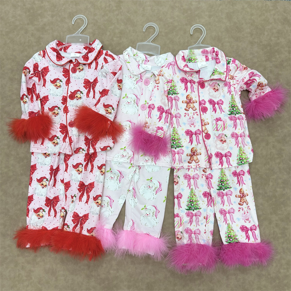 RTS NO MOQ Sibling Baby Girls Christmas Pink Plush Button Long Sleeve Long Pants Pajama Sets
