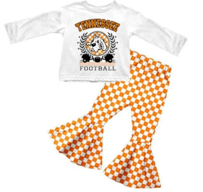 Deadline October 25 custom no moq eta 6-8weeks White long-sleeved top with leaf and dog head pattern & orange plaid flared pants set