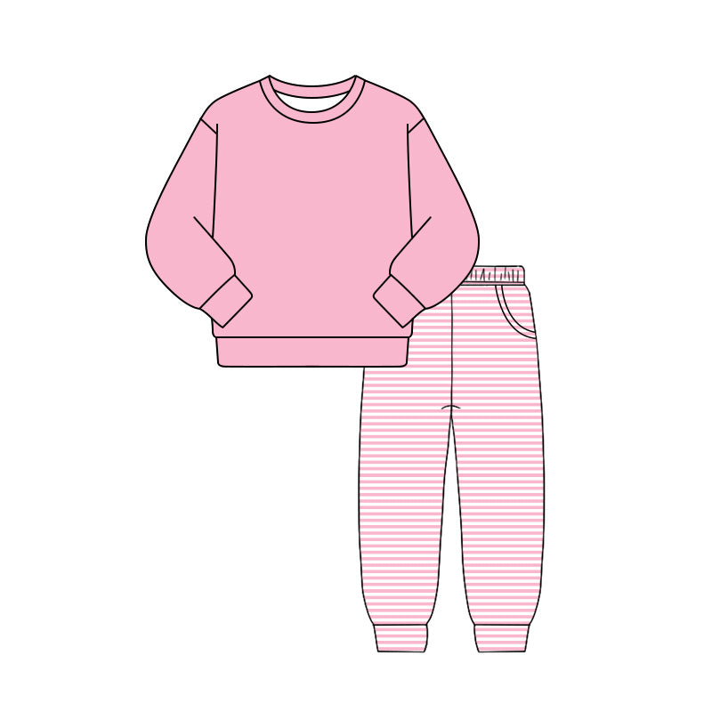 custom moq 5 mix size LHGNDN0108 Toddler Girls Solid Long Sleeve Top Stripe Jogger Pants Set Pocket Casual Outfit