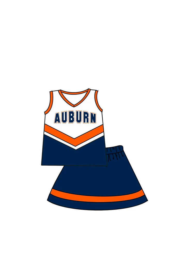 Deadline  October 27 custom no moq eta 6-8weeks Cheerleading Orange Blue Sleeveless Top A-Line Skirt Set