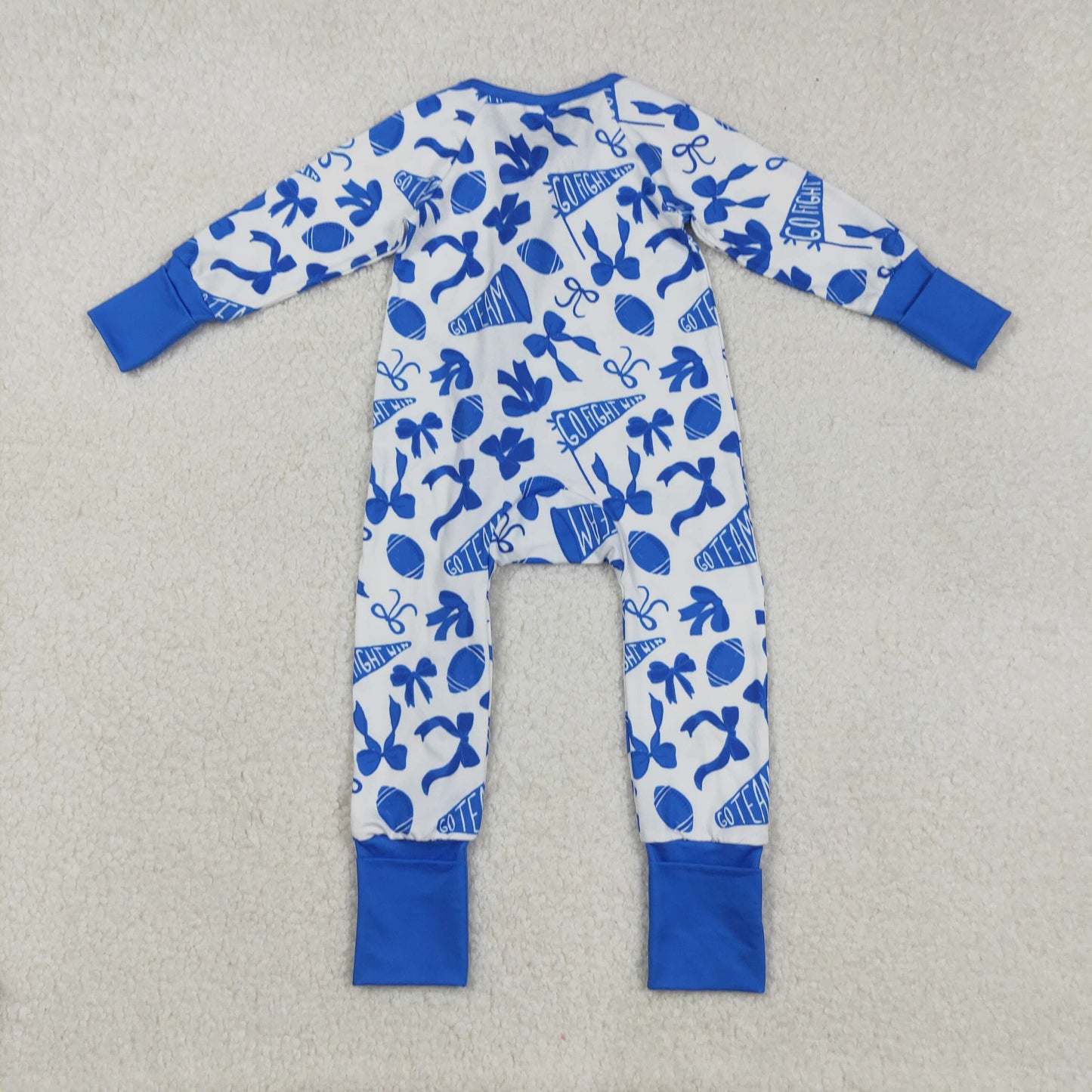 RTS NO MOQ（In Stock) LR2511 Football Trumpet Bow Pattern Blue Lace Zipper Long-Sleeved Bodysuit
