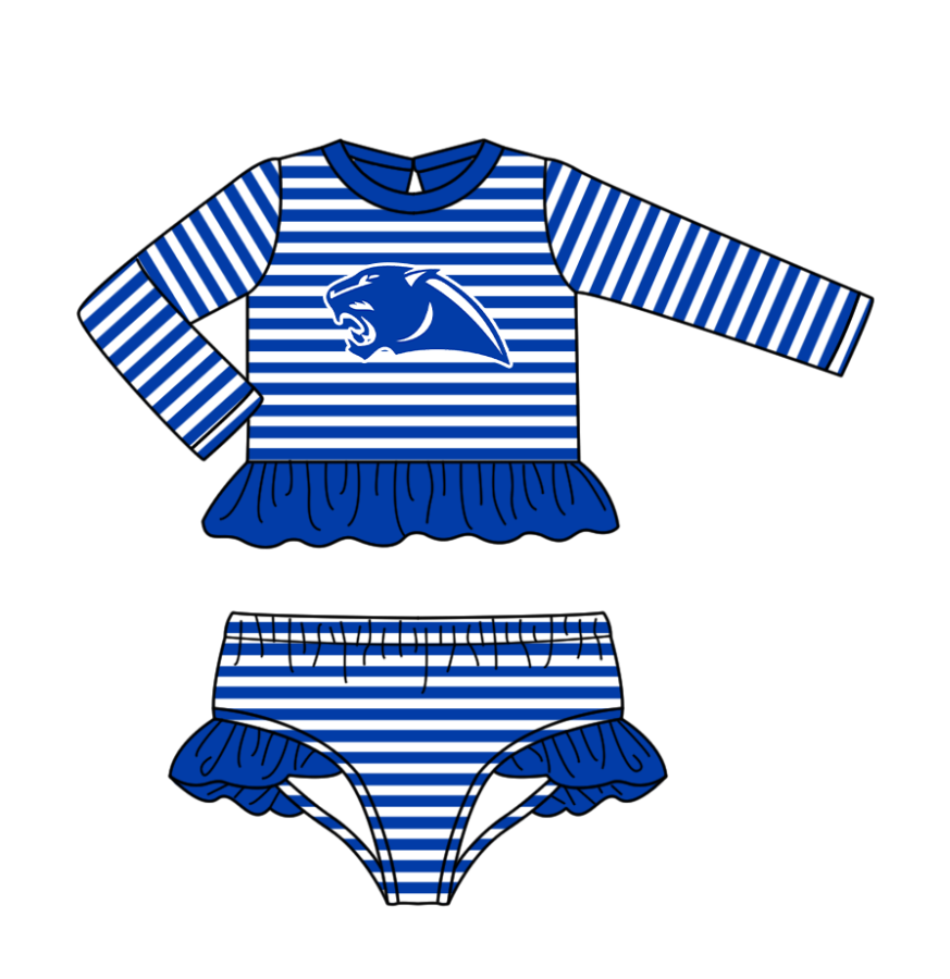 Custom moq 5 mix size milk silk summer teams baby girl boys clothes blue long sleeve swimsuit and swim shorts series