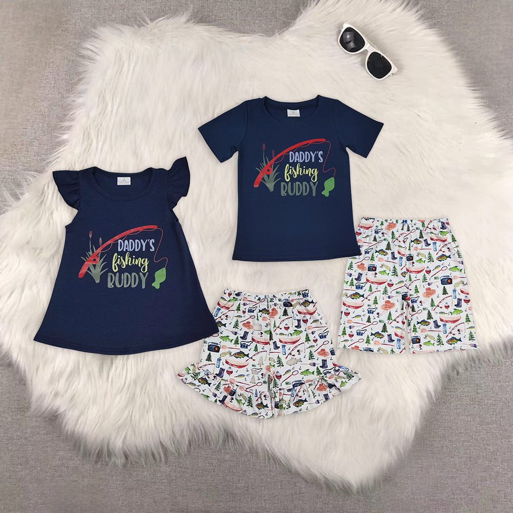 RTS NO MOQ baby girls clothes offset daddys fishing navy blue short sleeve Clothes Sets