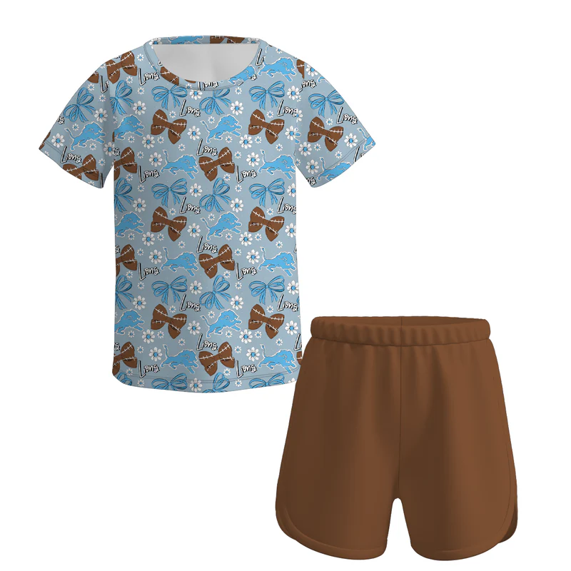 Custom moq 5 each style eta 6-7weeks baby boy and girl clothes team bow short sleeve shorts suits