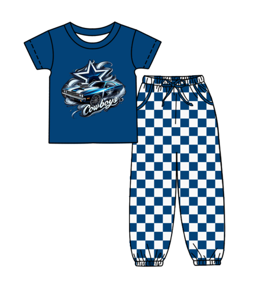 Custom moq 8 mix size milk silk summer teams baby boy clothes navy blue plaid short sleeve pants sets-25.9.29