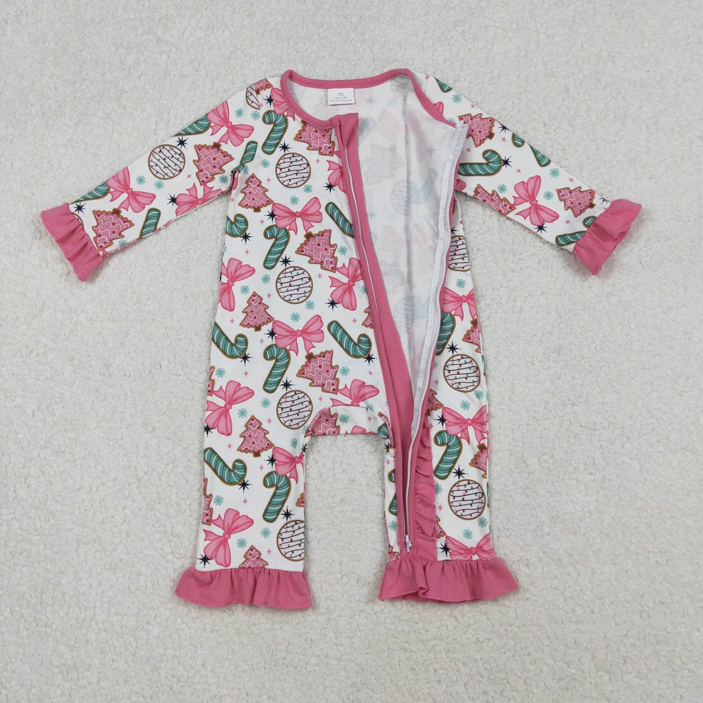 RTS NO MOQ（In Stock) LR2486 Pink lace and white long-sleeved bodysuit with bow pattern, candy cane, and Christmas tree