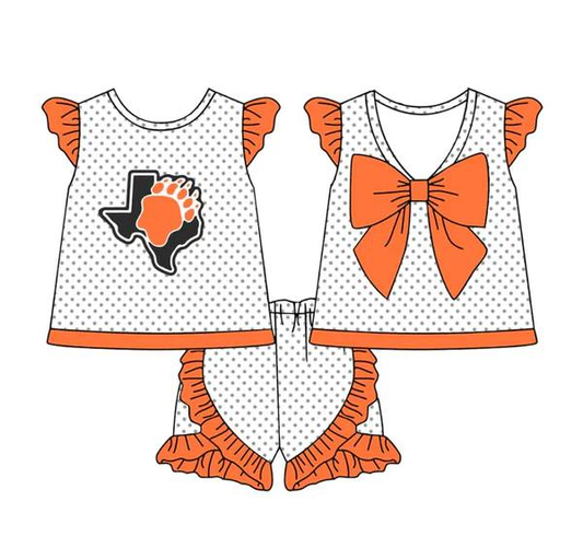 Custom moq 5 each style eta 6-7weeks baby girl clothes team orange flying sleeves shorts sets-25.8.25