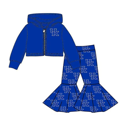 Custom moq 5 mix size milk silk summer teams baby girls clothes blue hooded long sleeve pants sets-25.8.28