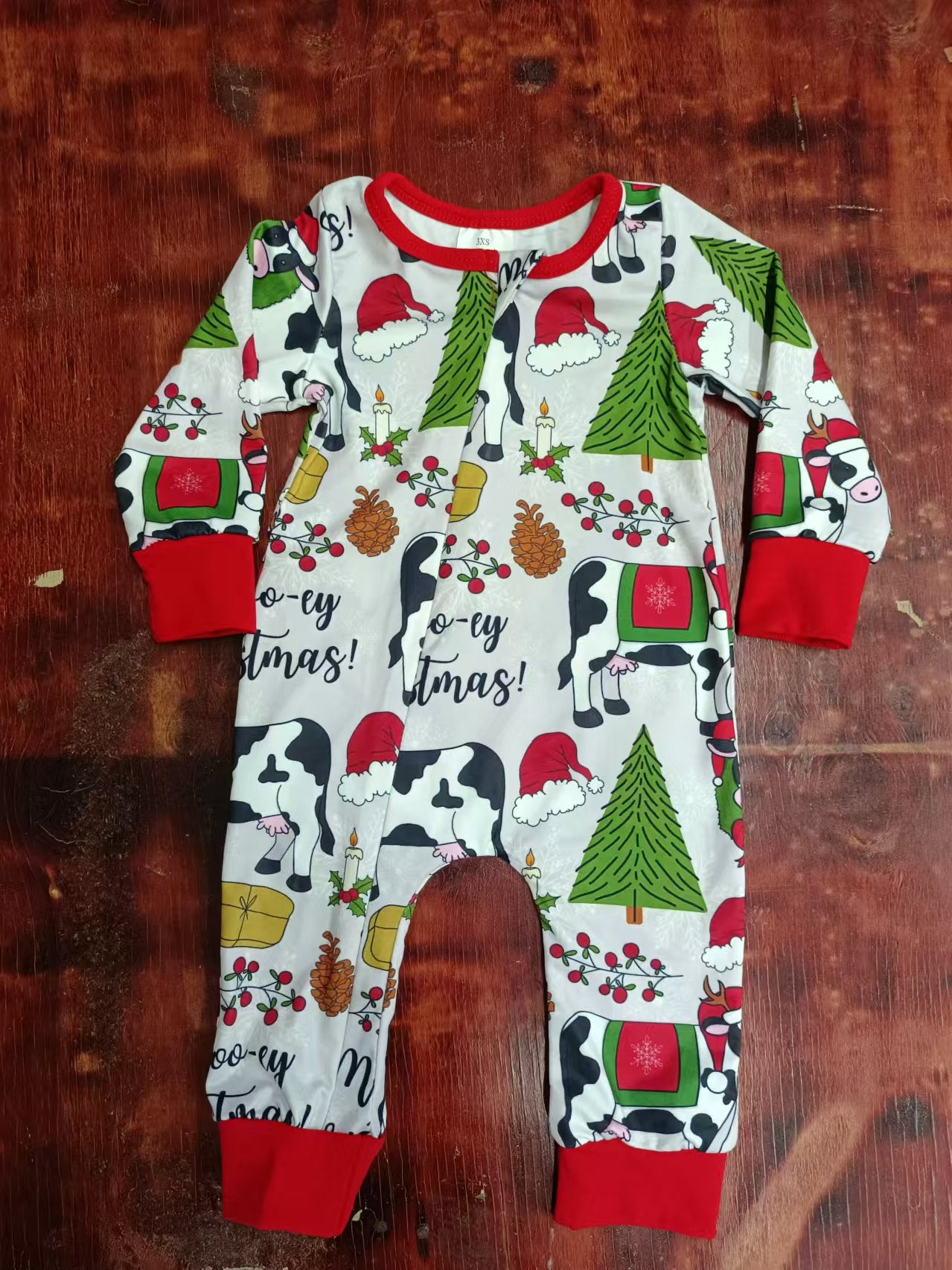 Custom moq 3 eta 6-7weeks  Christmas Cow-Tree-Letter Red Long Sleeve Romper