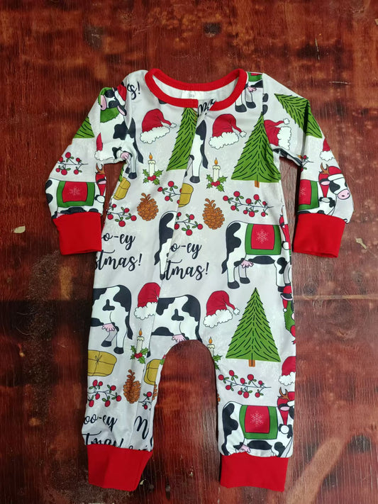 Custom moq 3 eta 6-7weeks  Christmas Cow-Tree-Letter Red Long Sleeve Romper