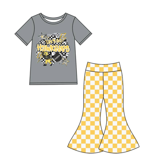 Custom summer teams baby girl clothes team gold plaid short sleeve pants sets-25.8.22