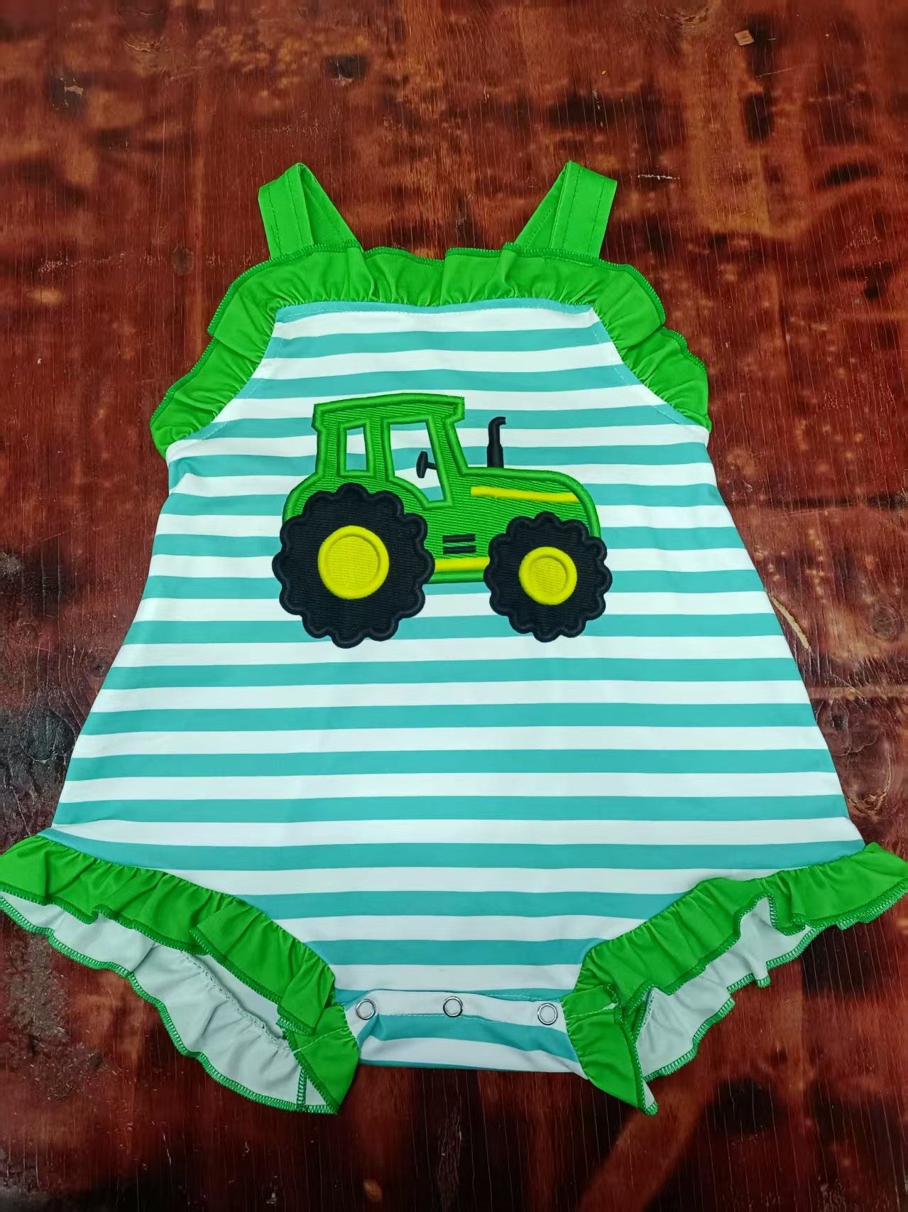 Custom moq 3 eta 6-7weeks baby girl clothes tractor green vest romper-25.5.12
