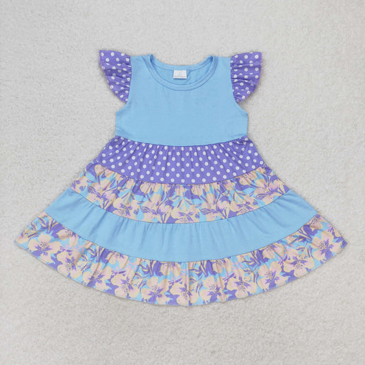 RTS no moq GSD1164 Flower dot blue flying sleeve dress