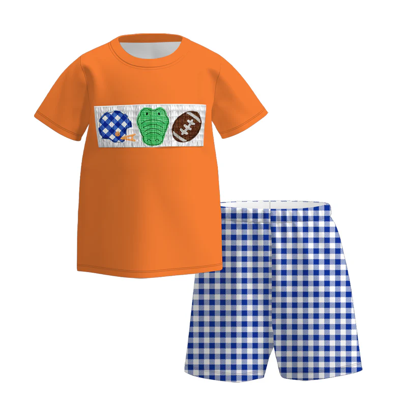 Custom summer teams baby girls clothes team orange short sleeve shorts sets dress romper-25.7.15