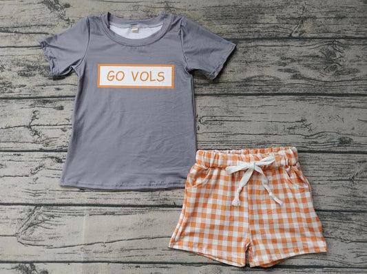 custom moq 5 eta 4-6weeks summer baby boys clothes gray short sleeve orange grid shorts set