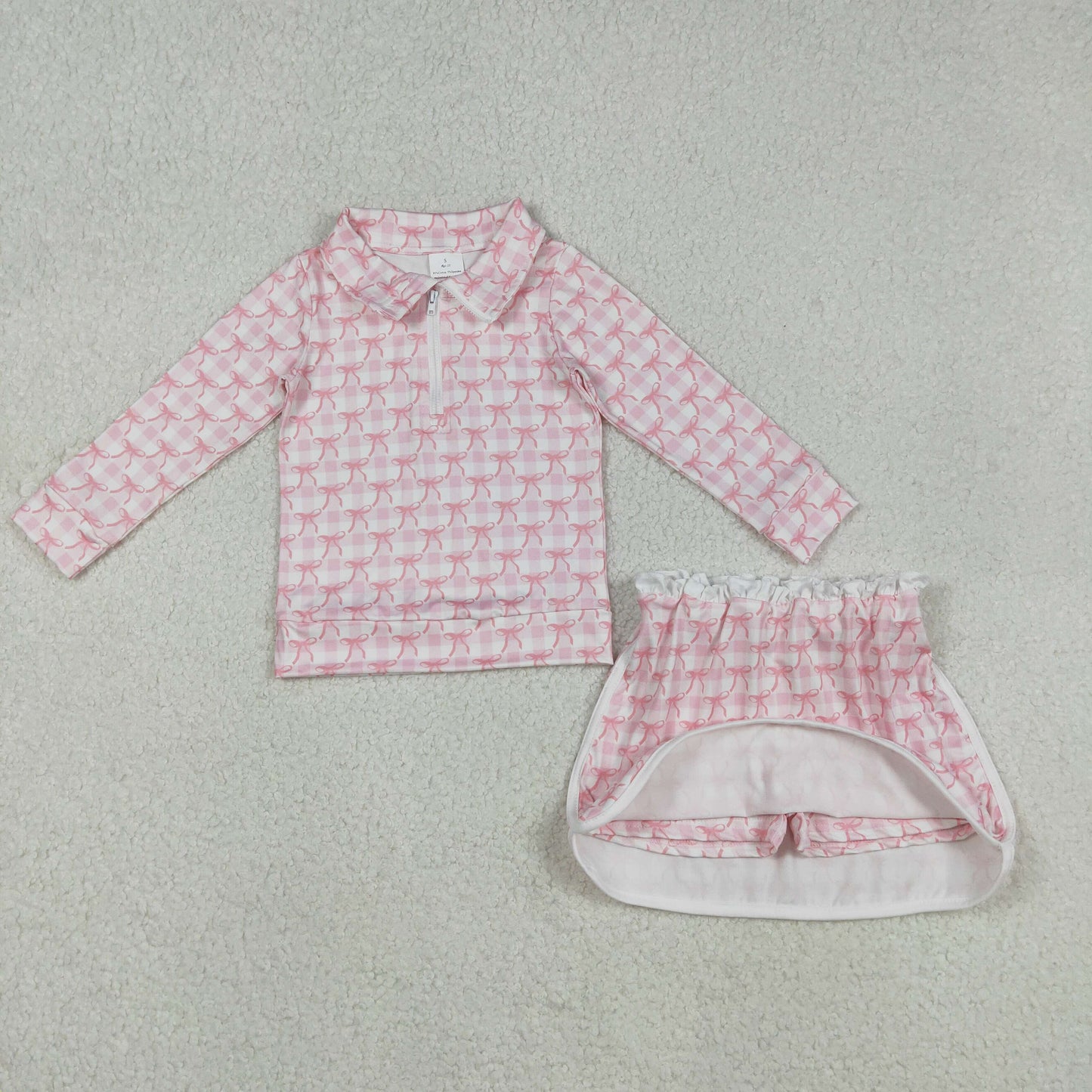 RTS NO MOQ（In Stock ) Pink plaid long-sleeved lace-trimmed culottes set with bow pattern and white zipper.