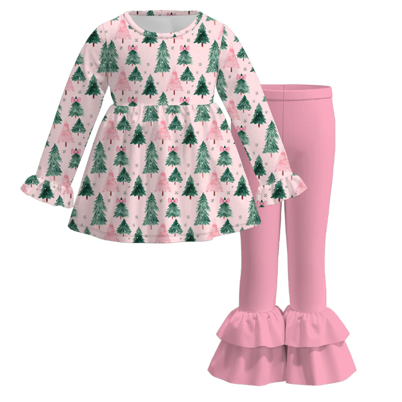 Custom moq 5 each style eta 6-7weeks Christmas trees pink baby girl short sleeve pant sets and long sleeve pants sets and dress and romper and adult set