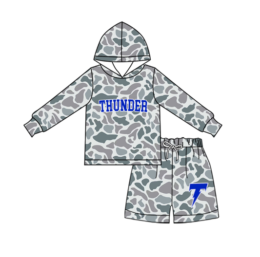 custom moq 5 mix size RLJS0101 Kids Grey Camo Letter Print Long Sleeve Hooded Top Matching Camo Shorts Two Piece Set