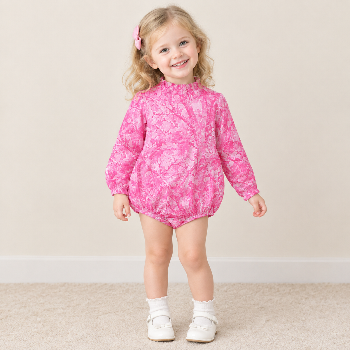 NEW RTS NO MOQ milk silk LR3224 High Neck Baby Girls Pink Leavers Camo Long Sleeve Rompers