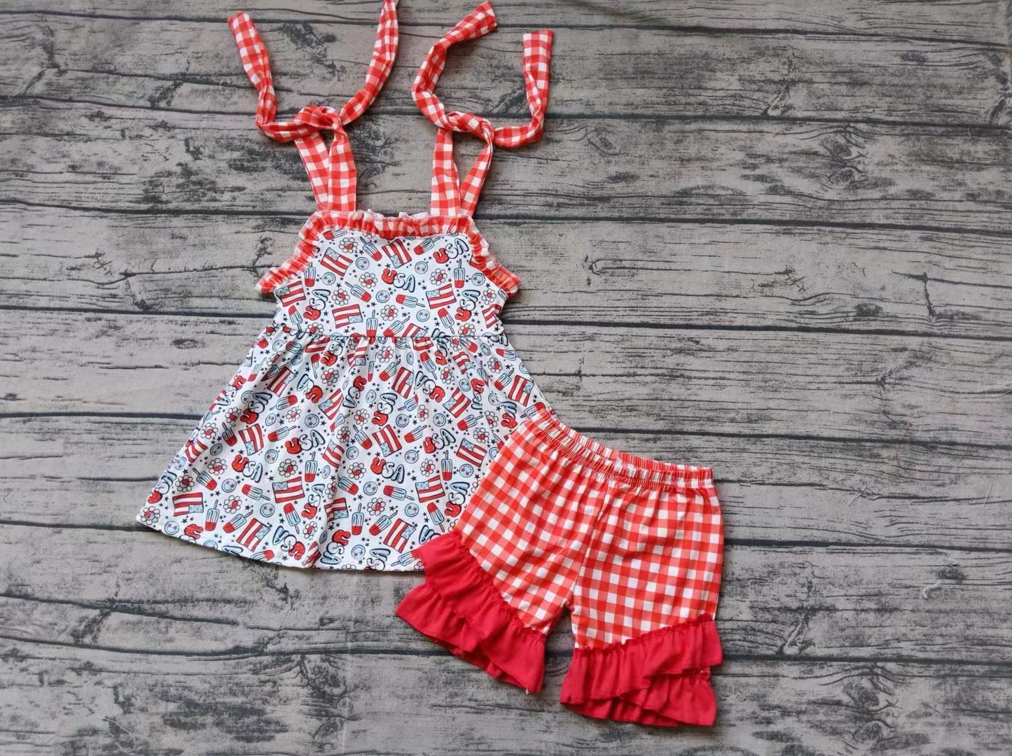 custom moq 5 eta 5weeks summer baby girls clothes national day USA suspender red grid shorts set