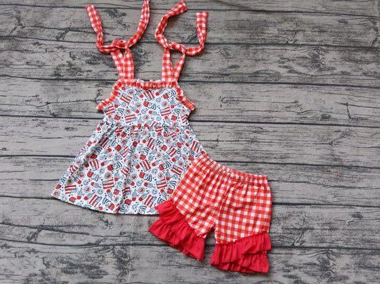 custom moq 5 eta 5weeks summer baby girls clothes national day USA suspender red grid shorts set