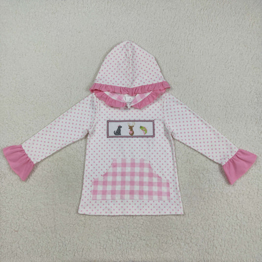 RTS NO MOQ（In Stock) GT1106 Pink plaid embroidered puppy, elk, and duck with polka dot lace and pocket hooded long-sleeved top