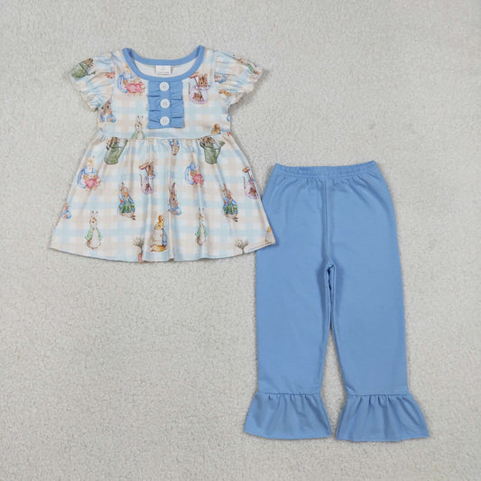 RTS NO MOQ（In Stock) Easter Bunny Plaid Blue Lace Button Short-Sleeved Long Pants Set