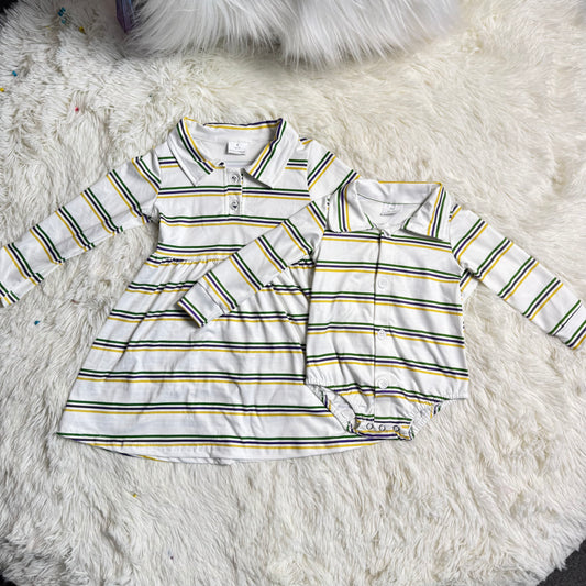 RTS NO MOQ Sibling baby girl clothes mardi gras long sleeve top & dress and romper