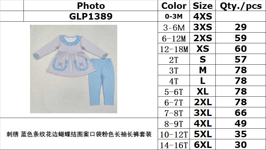 RTS NO MOQ ETA 5/7days Arrived GLP1389 Embroidered Blue Stripe Lace Bow Pattern Pocket Pink Long Sleeve Pants Set